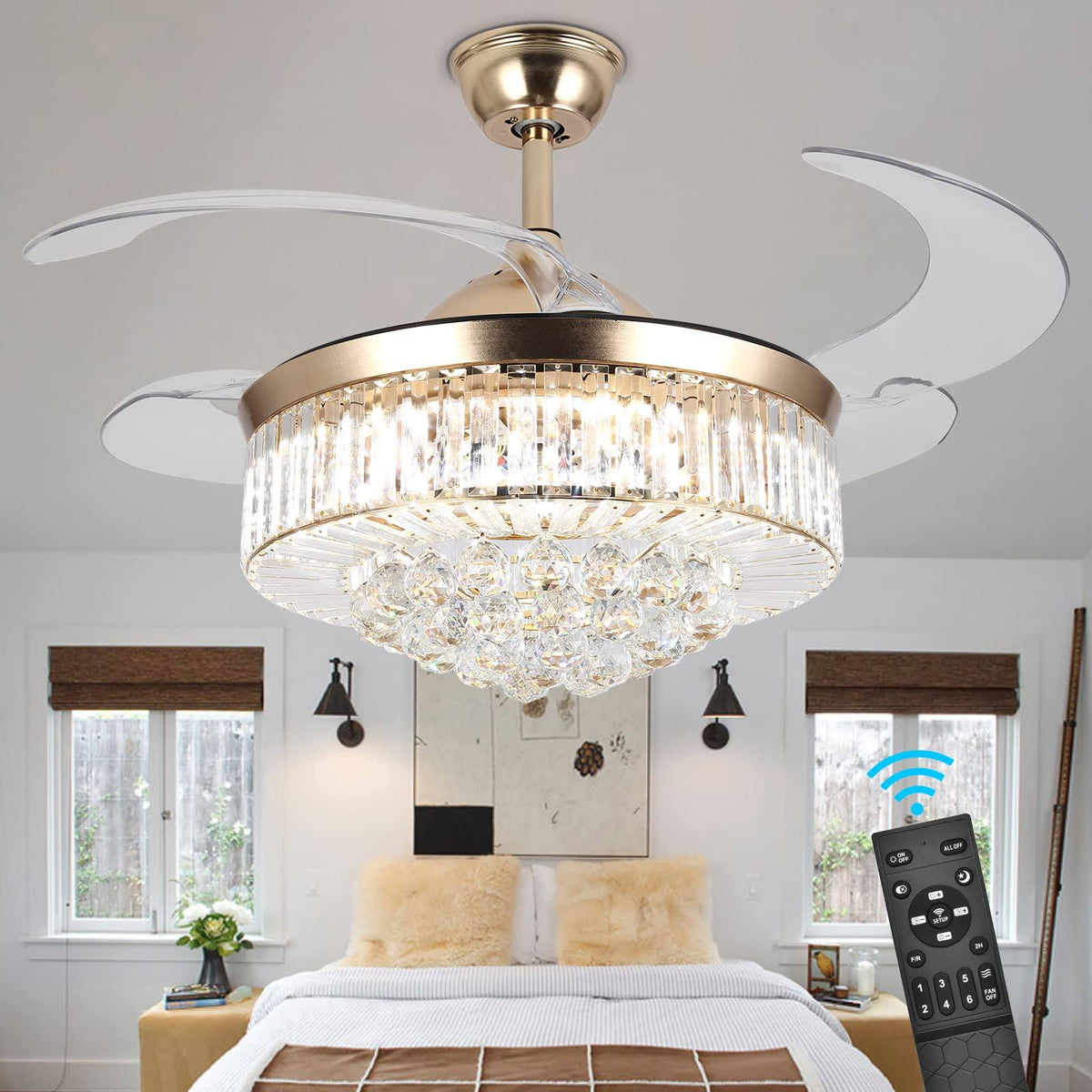 Panghuhu88 36" Invisible Ceiling Fan Chandelier Light, Modern Crystal Ceiling Fan Light Remote 4 Retractable ABS Blades for Bedroom Living Room