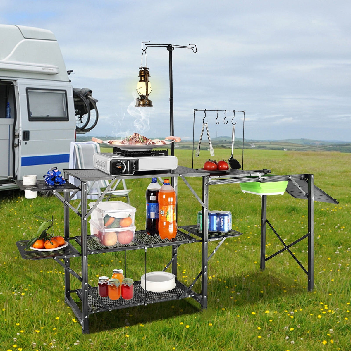 Camping Kitchen Table Folding Portable Cook Station Tables Shelves & A Sink